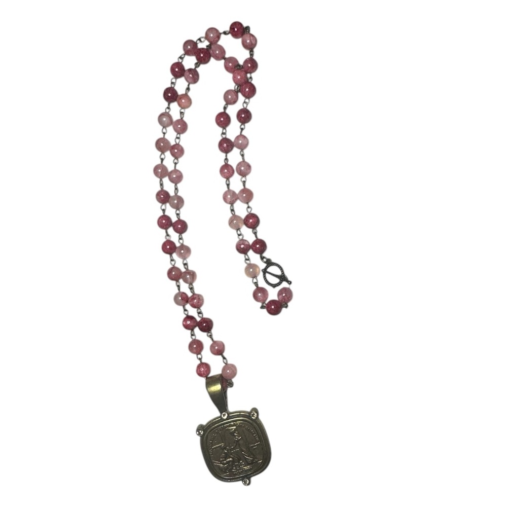 Elegant Pink Beaded Necklace with Silver Pendant